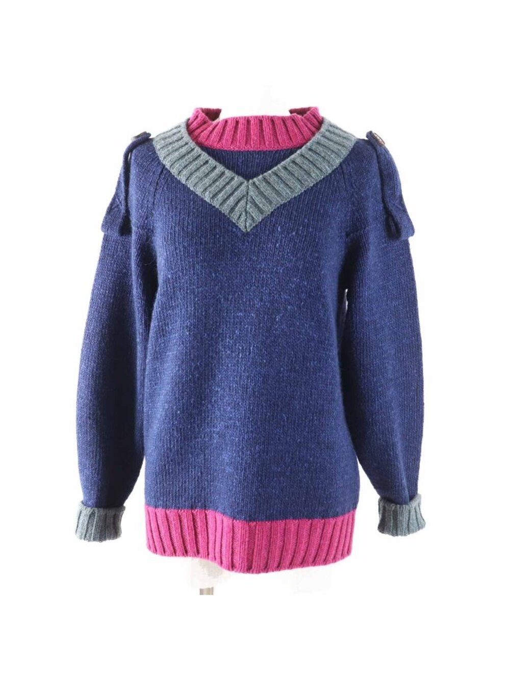 Chanel Cashmere Silk Shoulder CC Logo Button Long Sleeve Knit Navy Pink Gray 38